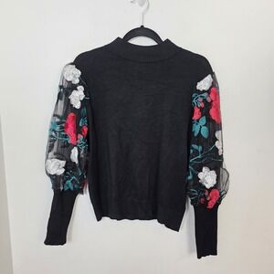 Absolutely Famous Black Mesh Floral Embroidered‎ Puff Sleeves Sweater Size XL